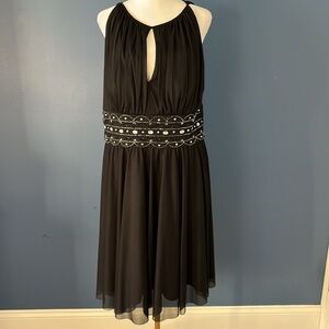 Jessica Howard sz 16 black jeweled dress, fully lined, sheer outer, built-in bra